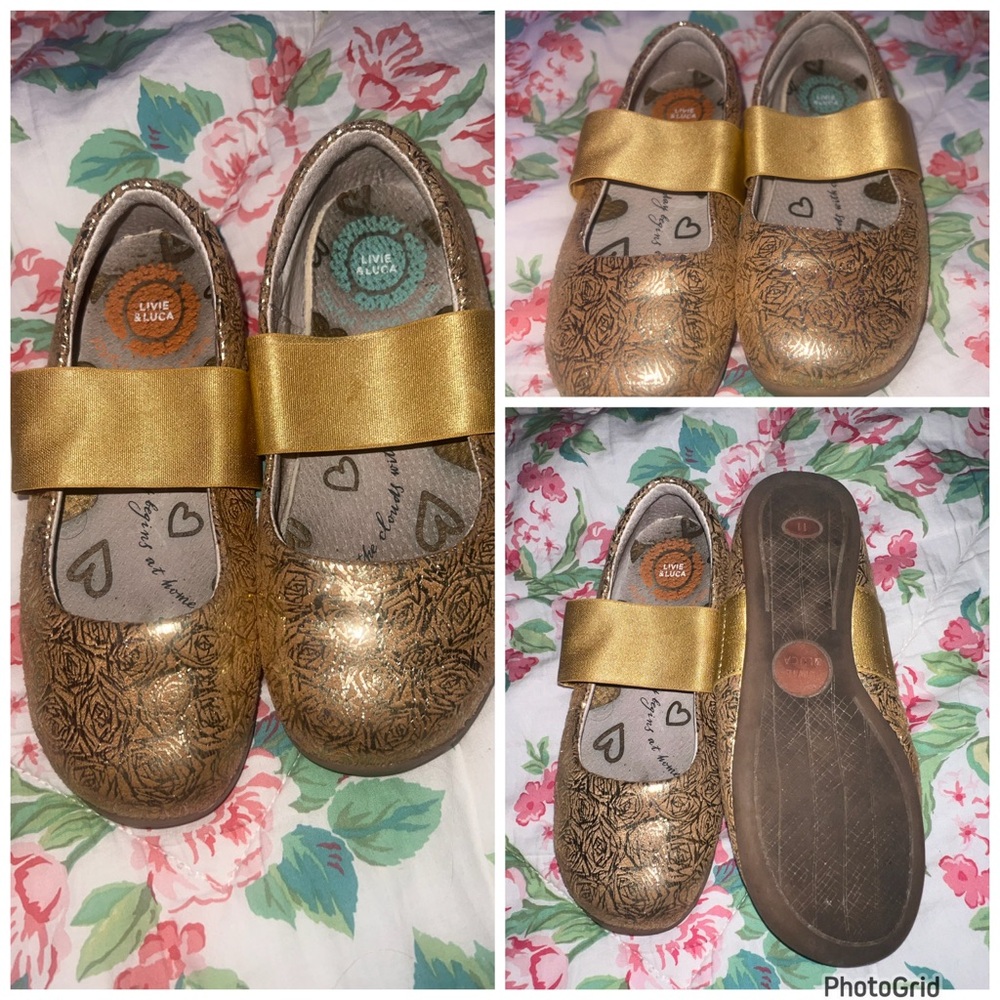 Livie and Luca Gold Kids Shoes with Floral Design